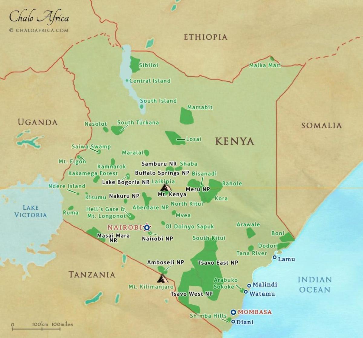 քարտեզ Քենիայի ազգային պարկեր և արգելոցներ